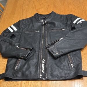 ROCKET 92 Black Leather Jacket with White Stripes - Size M